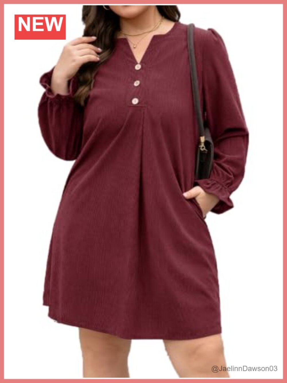 Plus Size Corduroy A-Line Mini Dress Long Sleeve Button Front